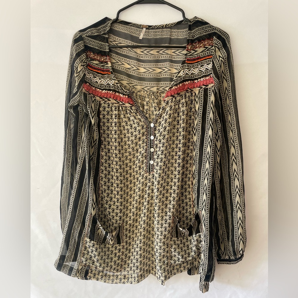 Free People Sheer Embroidered Beaded Top